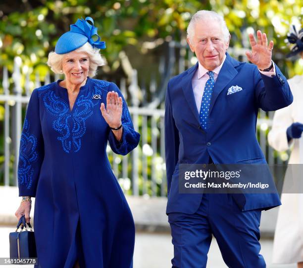 Camilla, Queen Consort and King Charles III attend the traditional Easter Sunday Mattins Service at St George's Chapel, Windsor Castle on April 9,...