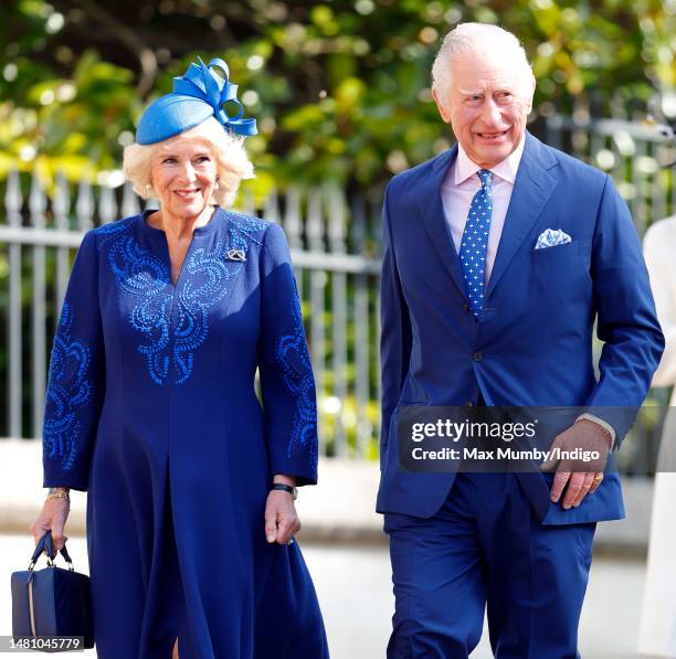 Camilla, Queen Consort and King Charles III attend the traditional Easter Sunday Mattins Service at St George's Chapel, Windsor Castle on April 9,...