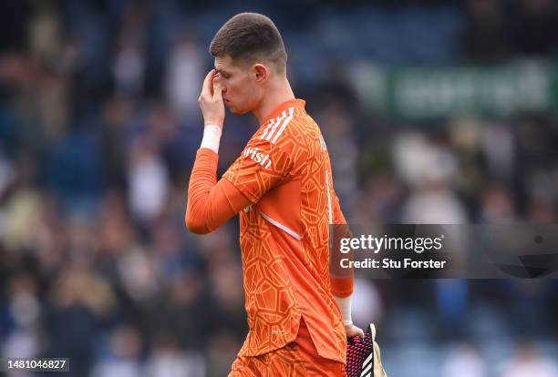 Leeds goalkeeper Illan Meslier reacts dejectedly after the Premier League match between Leeds United and Crystal Palace at Elland Road on April 09,...