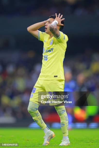 Leonardo Suarez of America reacts during the 14th round match between America and Monterrey as part of the Torneo Clausura 2023 Liga MX at Azteca...