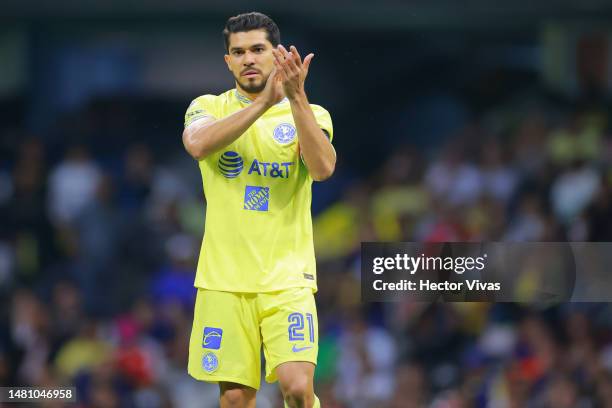 Henry Martin of America gestures during the 14th round match between America and Monterrey as part of the Torneo Clausura 2023 Liga MX at Azteca...