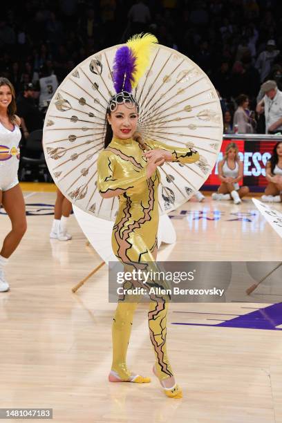 Lina Liu performs during halftime of a basketball game between the Los Angeles Lakers and the Utah Jazz at Crypto.com Arena on April 09, 2023 in Los...