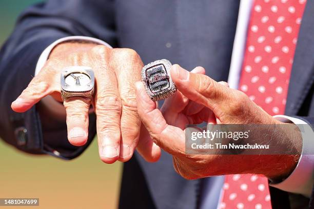 National League champions ring is seen in a game between the Philadelphia Phillies and the Cincinnati Reds at Citizens Bank Park on April 09, 2023 in...