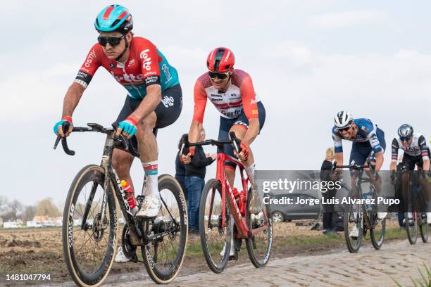 Cedric Beullens of Belgium and Team Lotto-Dstny competes during the 120th Paris-Roubaix 2023 a 257 km race from Compiegne to Roubaix on April 9, 2023...