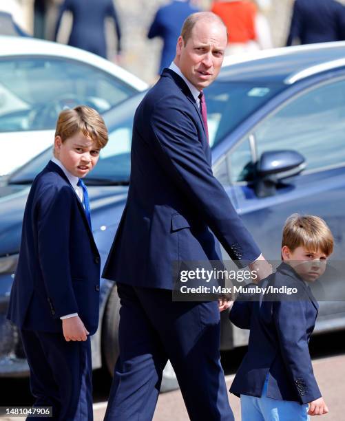 Prince George of Wales, Prince William, Prince of Wales and Prince Louis of Wales attend the traditional Easter Sunday Mattins Service at St George's...