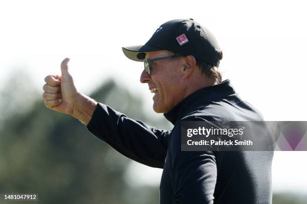 Phil Mickelson of the United States reacts on the 18th green during the final round of the 2023 Masters Tournament at Augusta National Golf Club on...