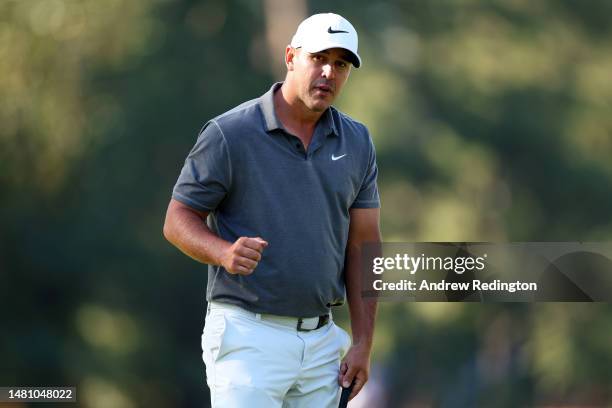 Brooks Koepka of the United States reacts to his par on the tenth green during the final round of the 2023 Masters Tournament at Augusta National...