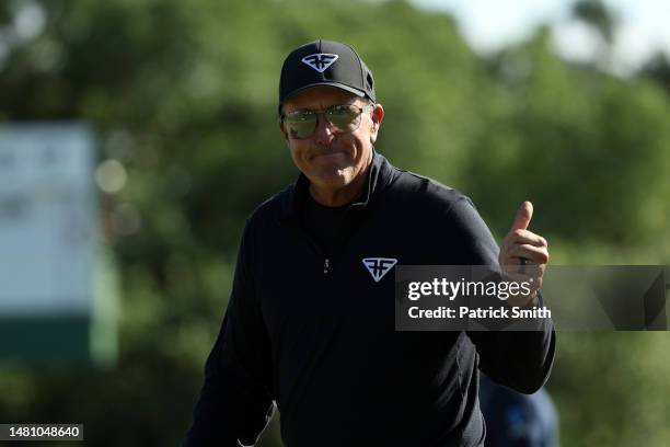 Phil Mickelson of the United States reacts on the 18th green during the final round of the 2023 Masters Tournament at Augusta National Golf Club on...