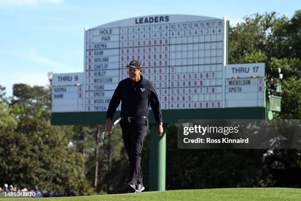 Phil Mickelson of the United States reacts on the 18th green during the final round of the 2023 Masters Tournament at Augusta National Golf Club on...