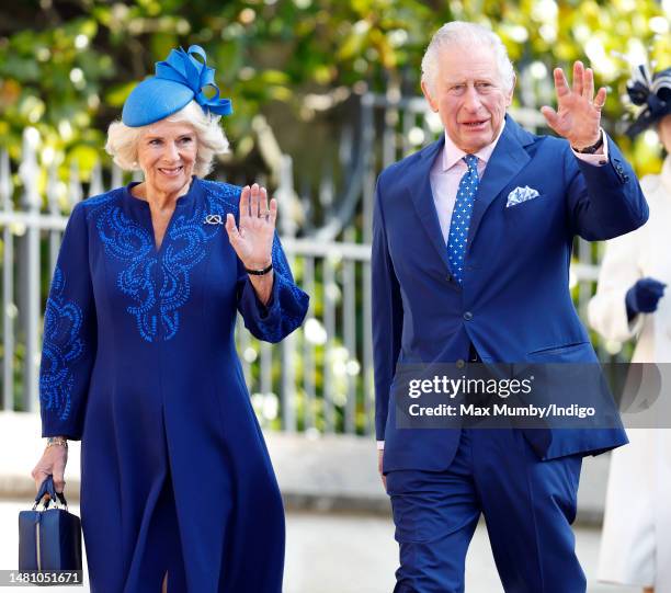 Camilla, Queen Consort and King Charles III attend the traditional Easter Sunday Mattins Service at St George's Chapel, Windsor Castle on April 9,...
