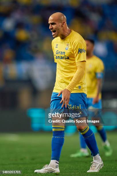 Sandro Ramirez of UD Las Palmas reacts during the match between UD Las Palmas and Real Oviedo at Estadio Gran Canaria on April 09, 2023 in Las...