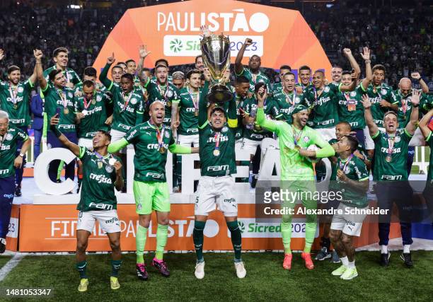 Gustavo Gómez of Palmeiras lifts the trophy to celebrate winning the Paulistao 2023 after the second leg of the Paulistao 2023 final between...