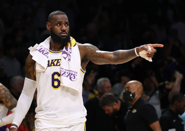 LeBron James of the Los Angeles Lakers reacts after a 128-117 win over the Utah Jazz at Crypto.com Arena on April 09, 2023 in Los Angeles,...