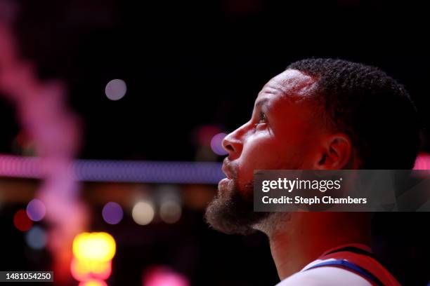 Pyrotechnics explode around Stephen Curry of the Golden State Warriors before the game against the Portland Trail Blazers at Moda Center on April 09,...