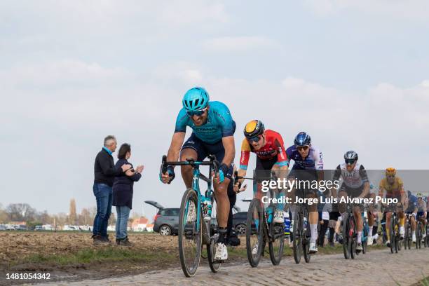 Gianni Moscon of Italy and Astana Qazaqstan Team competes during the 120th Paris-Roubaix 2023 a 257 km race from Compiegne to Roubaix on April 9,...