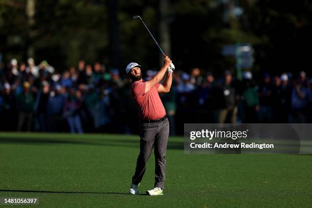 Jon Rahm of Spain plays a shot on the 15th hole during the final round of the 2023 Masters Tournament at Augusta National Golf Club on April 09, 2023...