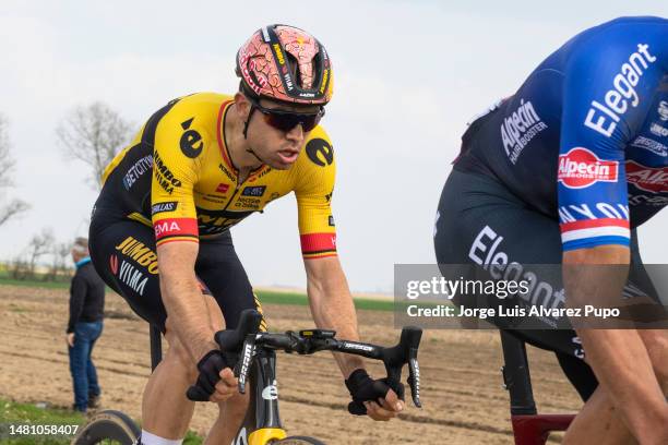 Wout Van Aert of Belgium and Team Jumbo-Visma competes during the 120th Paris-Roubaix 2023 a 257 km race from Compiegne to Roubaix on April 9, 2023...