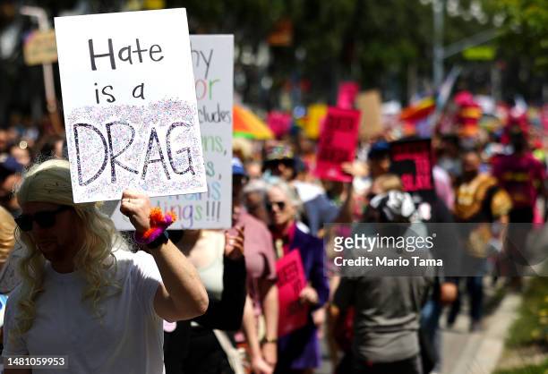 Demonstrators march during the Drag March LA on Easter Sunday as they protest against anti-LGBTQ+ legislation across the country on April 09, 2023 in...