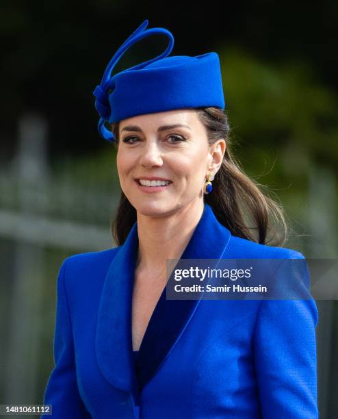 Catherine, Princess of Wales attends the Easter Mattins Service at Windsor Castle on April 09, 2023 in Windsor, England.