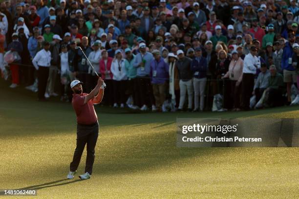 Jon Rahm of Spain plays a shot on the 18th hole during the final round of the 2023 Masters Tournament at Augusta National Golf Club on April 09, 2023...