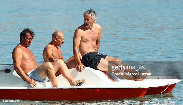 Parma FC coach Roberto Donadoni , Alessandro Melli and Roberto Pelacci on a small boat during a Parma FC Pre-Season Training Session at Geovillage on...