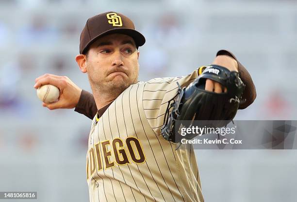 Seth Lugo of the San Diego Padres pitches against the Atlanta Braves in the first inning at Truist Park on April 09, 2023 in Atlanta, Georgia.