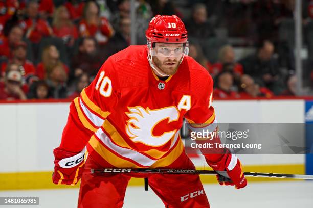 Jonathan Huberdeau of the Calgary Flames prepares for a face off against the Anaheim Ducks at Scotiabank Saddledome on April 02, 2023 in Calgary,...