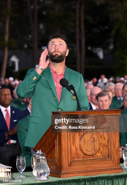 Jon Rahm of Spain speaks during the Green Jacket Ceremony after winning the 2023 Masters Tournament at Augusta National Golf Club on April 09, 2023...