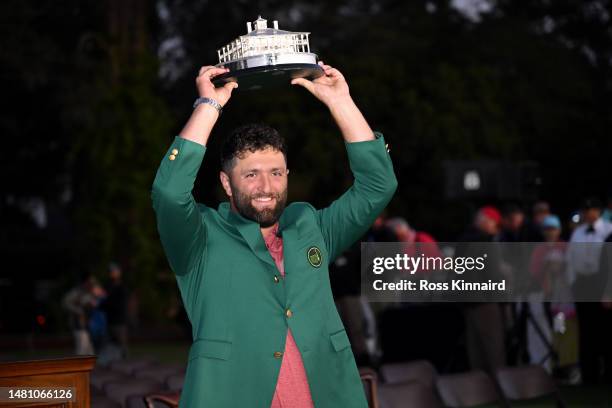 Jon Rahm of Spain poses with the Masters trophy during the Green Jacket Ceremony after winning the 2023 Masters Tournament at Augusta National Golf...