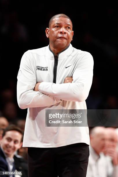 Head coach Doc Rivers of the Philadelphia 76ers during the first half against the Brooklyn Nets at Barclays Center on April 09, 2023 in the Brooklyn...
