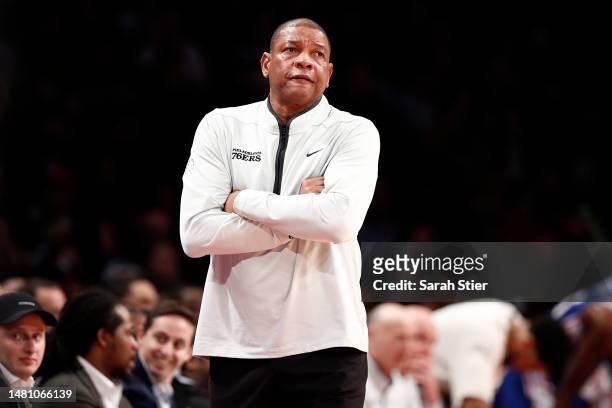 Head coach Doc Rivers of the Philadelphia 76ers during the first half against the Brooklyn Nets at Barclays Center on April 09, 2023 in the Brooklyn...