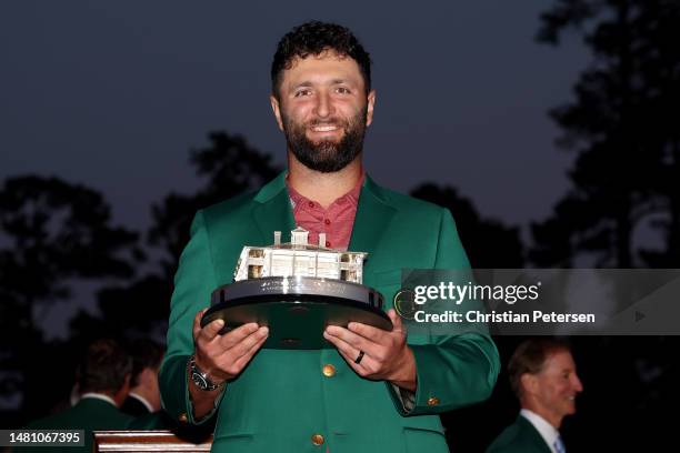 Jon Rahm of Spain poses with the Masters trophy during the Green Jacket Ceremony after winning the 2023 Masters Tournament at Augusta National Golf...