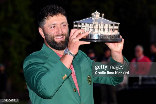 Jon Rahm of Spain poses with the Masters trophy during the Green Jacket Ceremony after winning the 2023 Masters Tournament at Augusta National Golf...