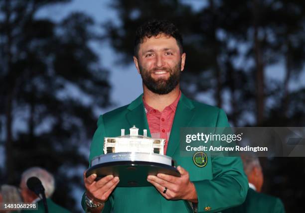 Jon Rahm of Spain poses with the Masters trophy during the Green Jacket Ceremony after winning the 2023 Masters Tournament at Augusta National Golf...