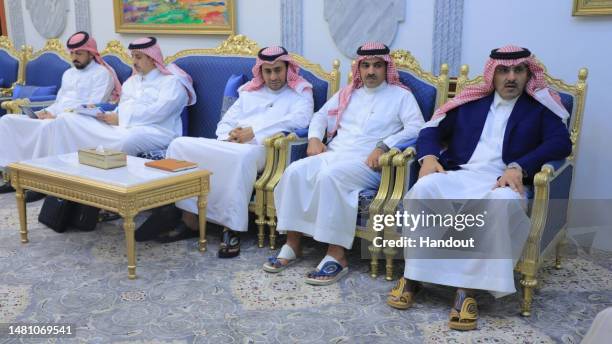 In this handout photo provided by the Houthi-run Saba News Agency, Omani and Saudi delegations meet with Houthi officials on April 09, 2023 in...
