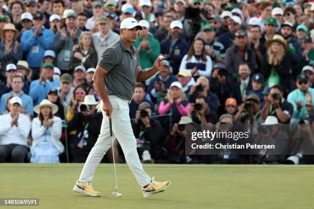 Brooks Koepka of the United States reacts on the 18th green during the final round of the 2023 Masters Tournament at Augusta National Golf Club on...