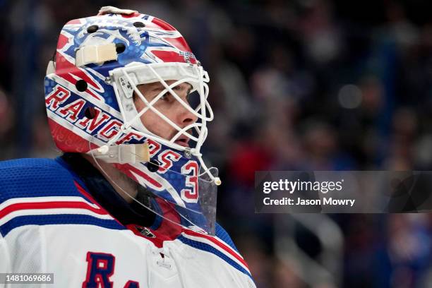 Igor Shesterkin of the New York Rangers looks on during the second period against the Columbus Blue Jackets at Nationwide Arena on April 08, 2023 in...