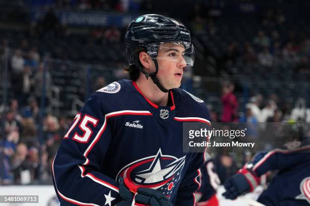 Tim Berni of the Columbus Blue Jackets skates in warmups prior to the game against the New York Rangers at Nationwide Arena on April 08, 2023 in...