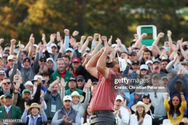 Jon Rahm of Spain celebrates on the 18th green after winning the 2023 Masters Tournament at Augusta National Golf Club on April 09, 2023 in Augusta,...