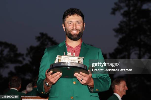 Jon Rahm of Spain poses with the Masters trophy during the Green Jacket Ceremony after winning the 2023 Masters Tournament at Augusta National Golf...