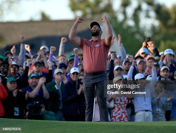 Jon Rahm of Spain celebrates holing the winning putt on the 18th green during the final round of the 2023 Masters Tournament at Augusta National Golf...