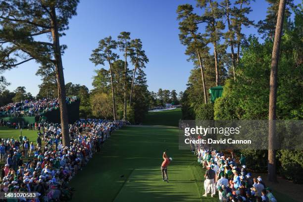 Jon Rahm of Spain plays his tee shot on the 18th hole during the final round of the 2023 Masters Tournament at Augusta National Golf Club on April...