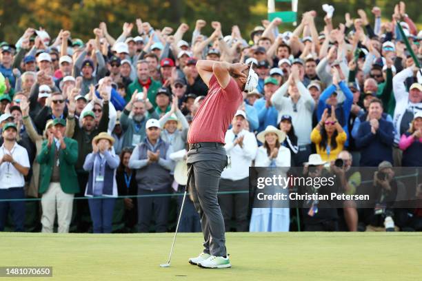 Jon Rahm of Spain celebrates on the 18th green after winning the 2023 Masters Tournament at Augusta National Golf Club on April 09, 2023 in Augusta,...