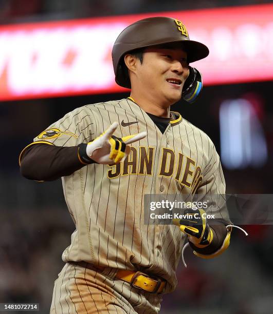 Ha-Seong Kim of the San Diego Padres rounds third base after hitting a two-run homer in the fifth inning against the Atlanta Braves at Truist Park on...