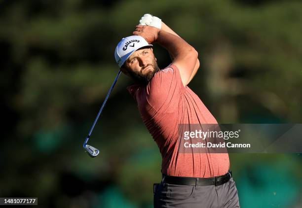 Jon Rahm of Spain plays his second shot on the 15th hole during the final round of the 2023 Masters Tournament at Augusta National Golf Club on April...