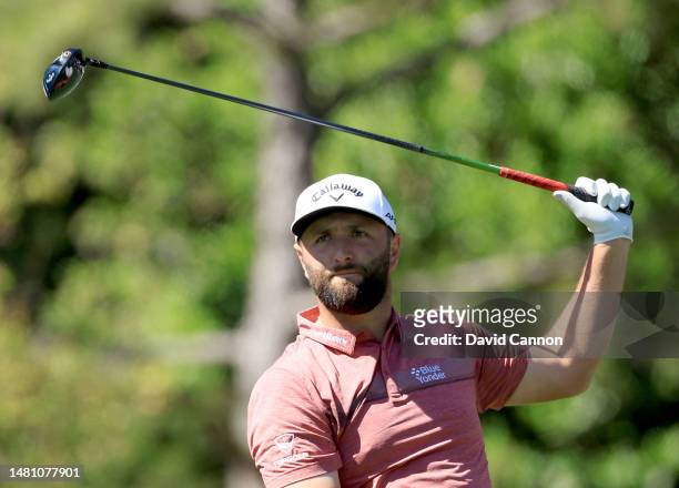 Jon Rahm of Spain plays his tee shot on the fifth hole during the final round of the 2023 Masters Tournament at Augusta National Golf Club on April...