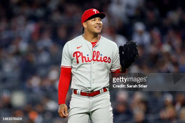 Taijuan Walker of the Philadelphia Phillies looks on during the first inning against the New York Yankees at Yankee Stadium on April 03, 2023 in the...