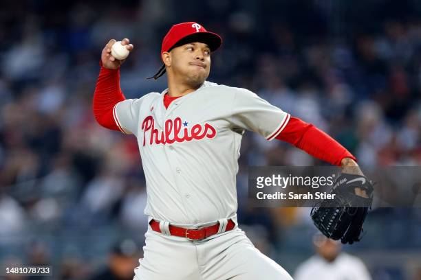 Taijuan Walker of the Philadelphia Phillies pitches during the first inning against the New York Yankees at Yankee Stadium on April 03, 2023 in the...