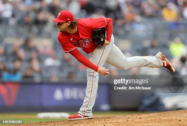 Aaron Nola of the Philadelphia Phillies in action against the New York Yankees at Yankee Stadium on April 05, 2023 in Bronx, New York. The Yankees...