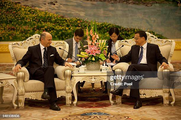 French Foreign Minister Laurent Fabius meets with Chinese Vice Premier Li Keqiang at the Great Hall of the People on July 10, 2012 in Beijing, China....